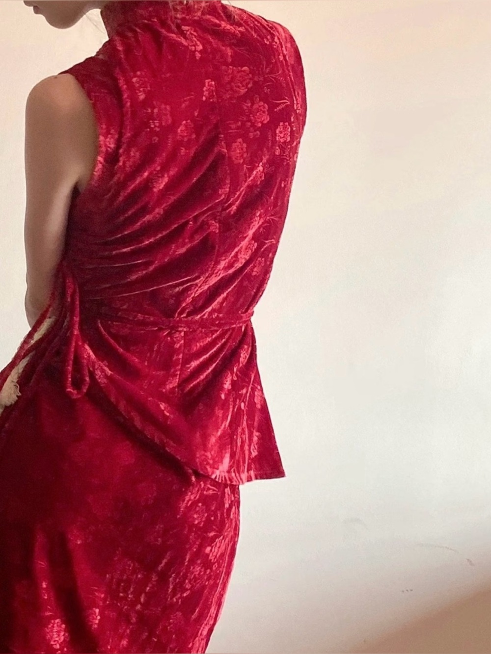 Designer Red Velvet Sleeveless Oriental Asymmetrical Dress Set (two pieces)